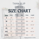 Size chart for women’s modest tank slip dress – detailed measurements for bust, waist, hip, and length in inches