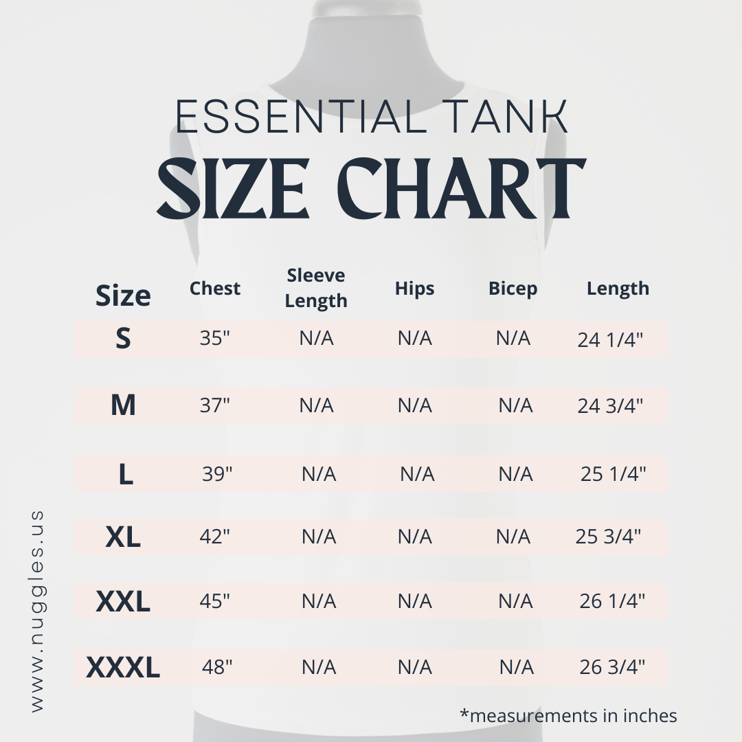 Size chart for Nuggles® Essential Tank – measurements for bust, length, and fit to help choose the right modest layering tank size.