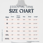 Size chart for Nuggles® Essential Tank – measurements for bust, length, and fit to help choose the right modest layering tank size.