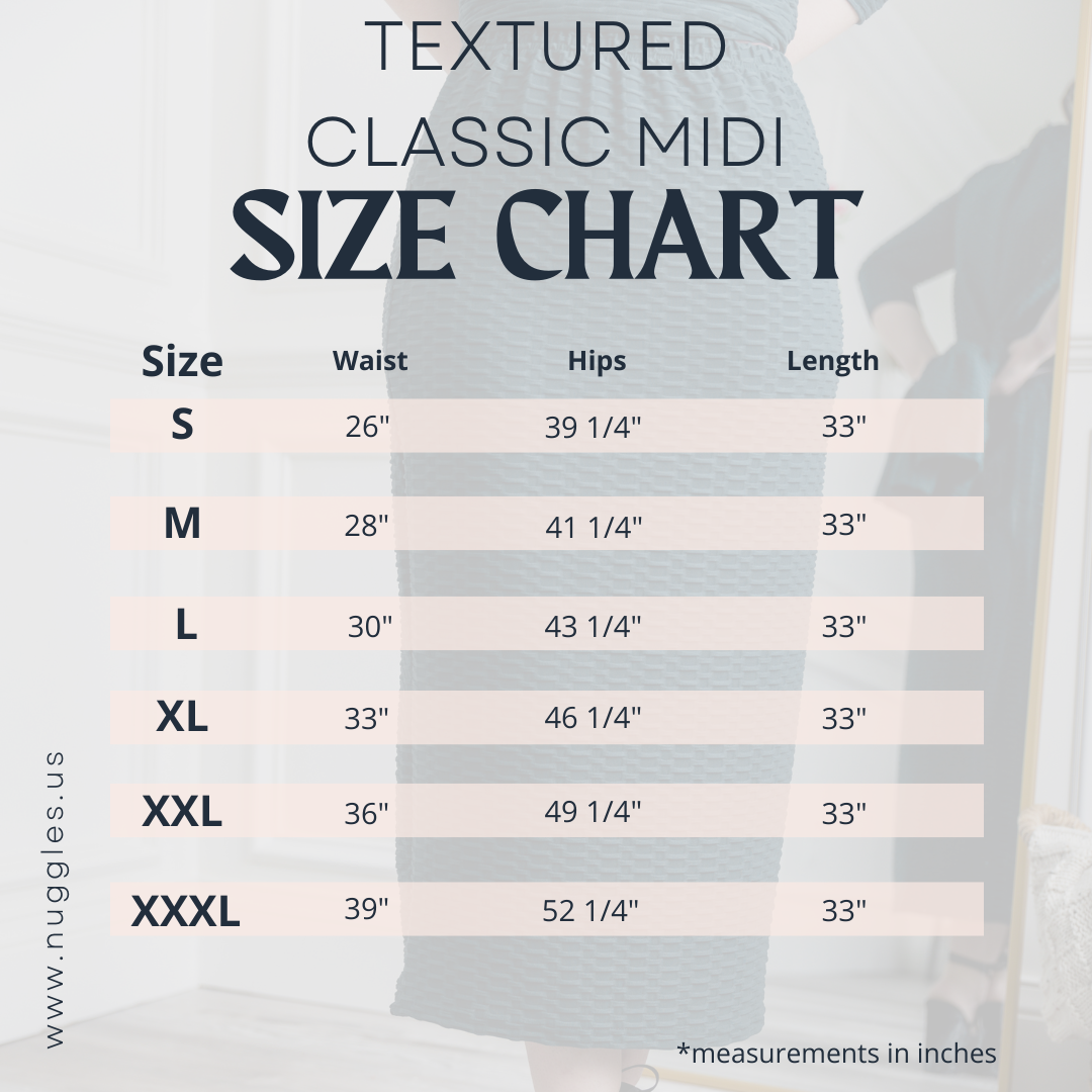 Size chart for the Textured Classic Midi Skirt, showing waist, hip, and length measurements for sizes S to XXXL; all lengths are 33 inches.