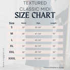 Size chart for the Textured Classic Midi Skirt, showing waist, hip, and length measurements for sizes S to XXXL; all lengths are 33 inches.