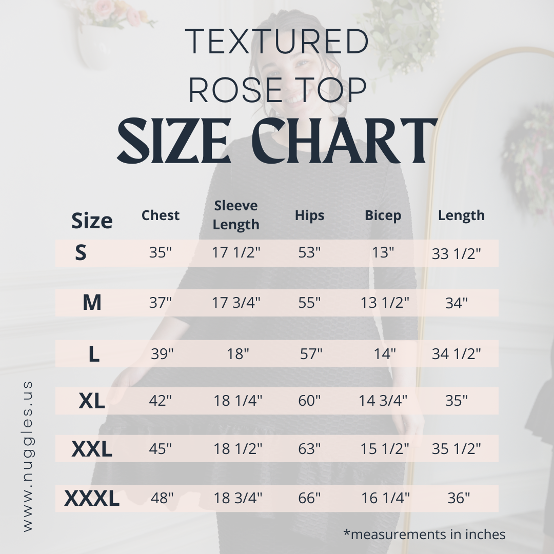 Women's modest clothing size chart for Nuggles Rose Top – bust, length, and hip measurements in inches