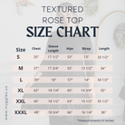 Women's modest clothing size chart for Nuggles Rose Top – bust, length, and hip measurements in inches