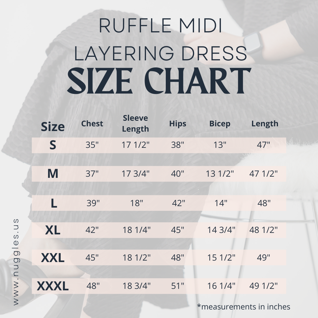 Ruffle Layering Dress size chart – modest women’s dress sizing guide with measurements for small to plus sizes