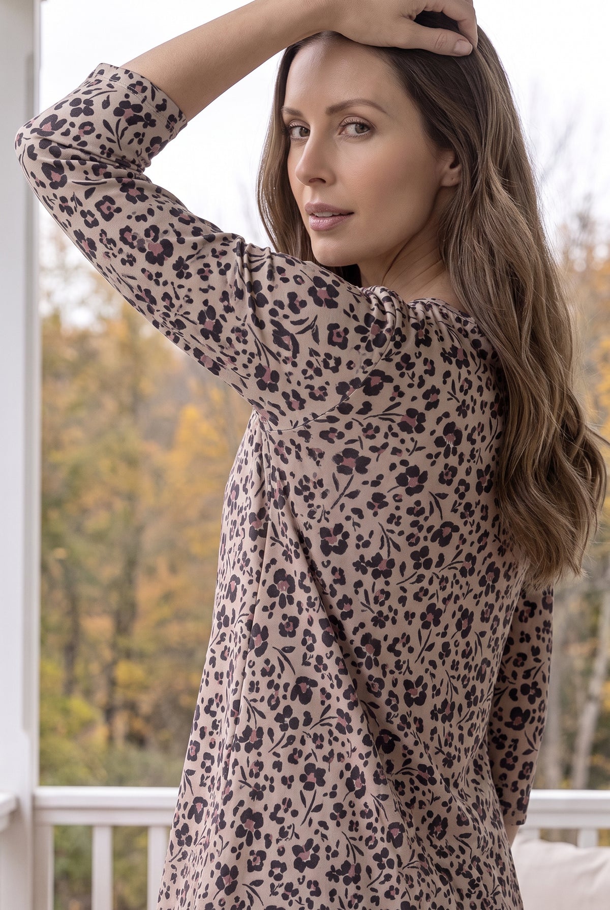 Model wearing Nuggles® Lexi Top in Tigerlily