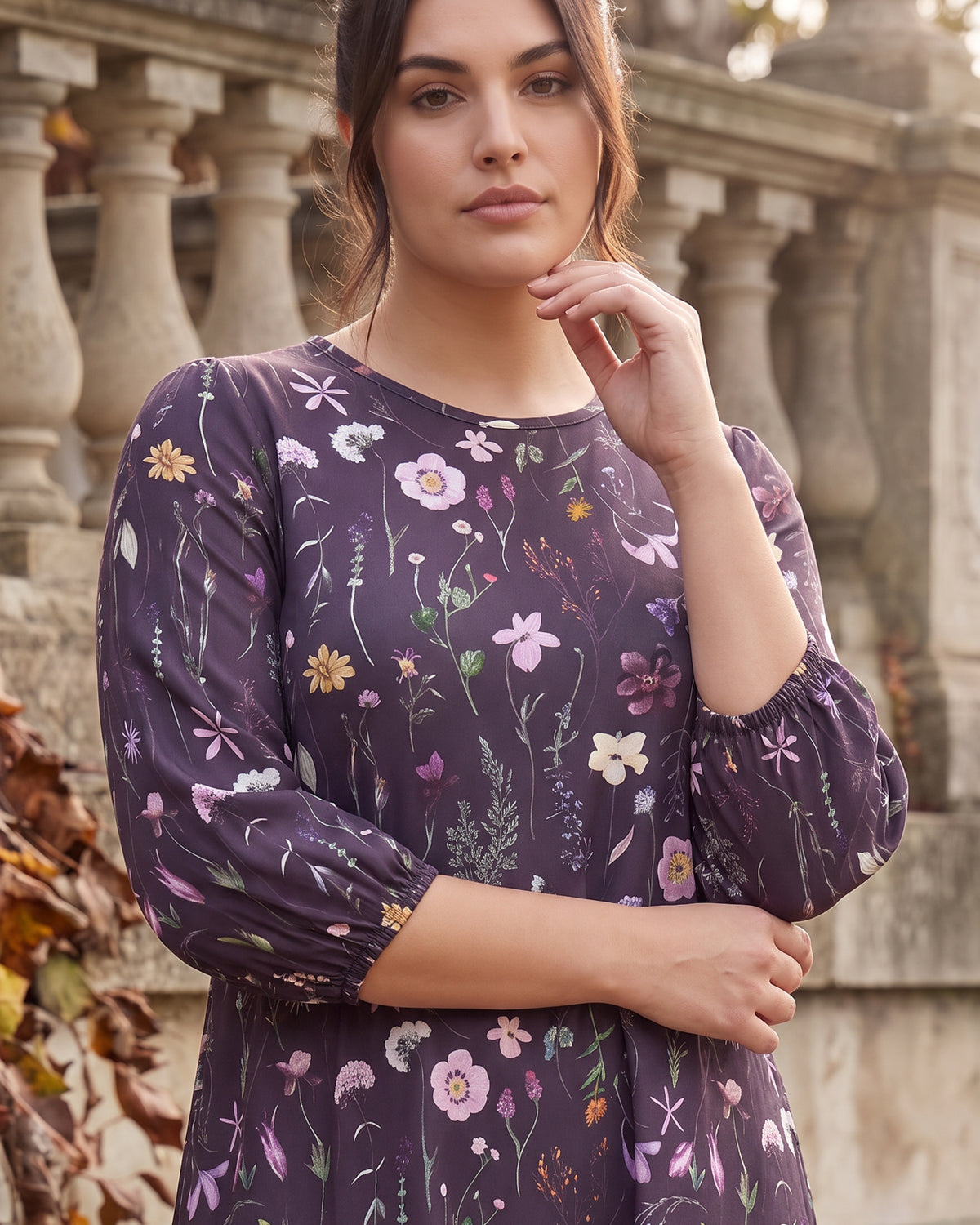 Model wearing Nuggles® Patricia Midi Dress in Twilight Garden