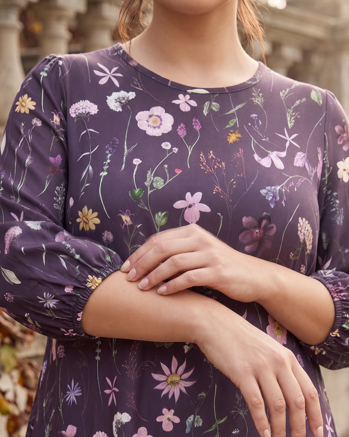 Nuggles® Patricia Dress in Twilight Garden, close-up of the bodice print and elasticized 3/4 sleeve cuff