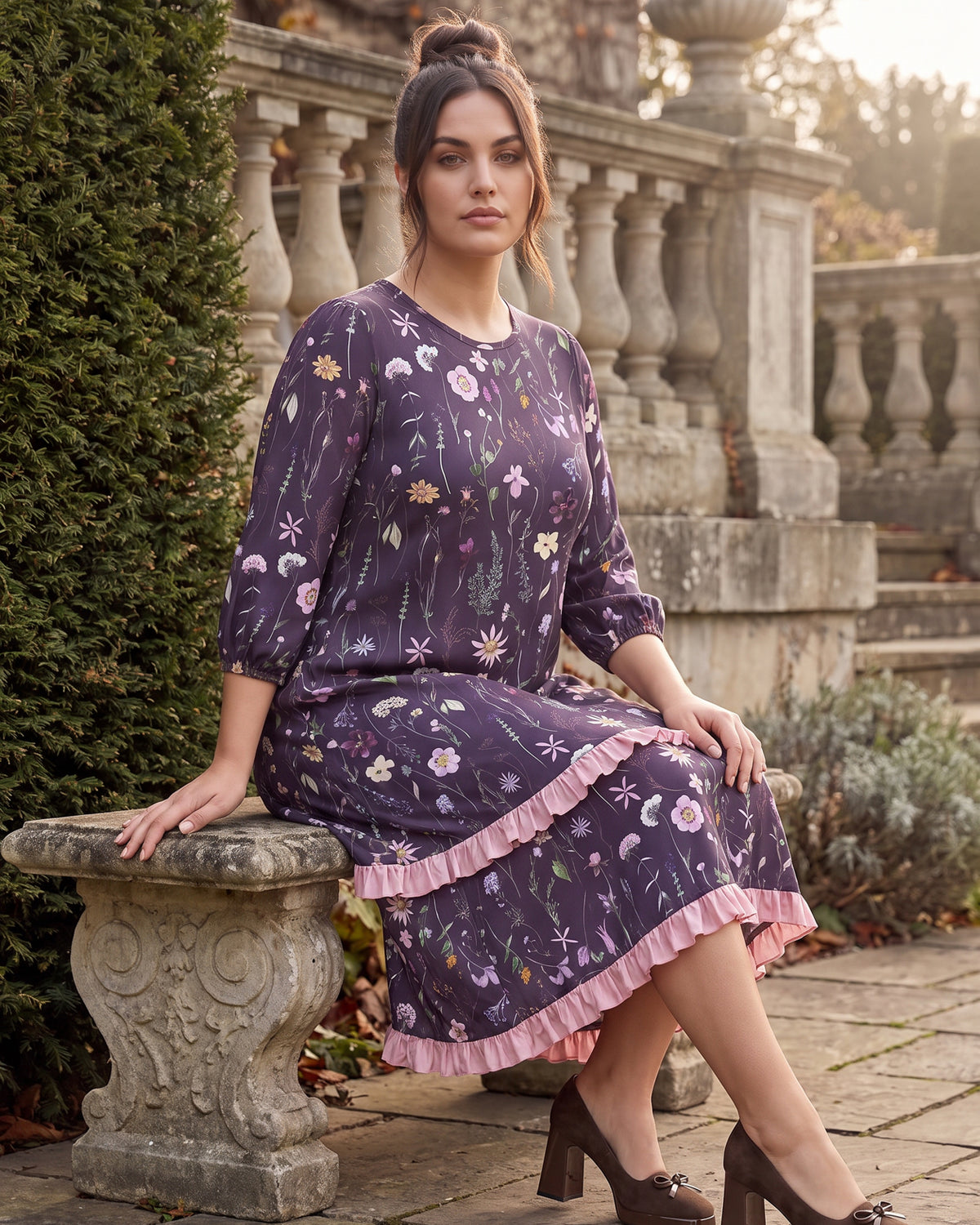 Model wearing Nuggles® Patricia Midi Dress in Twilight Garden