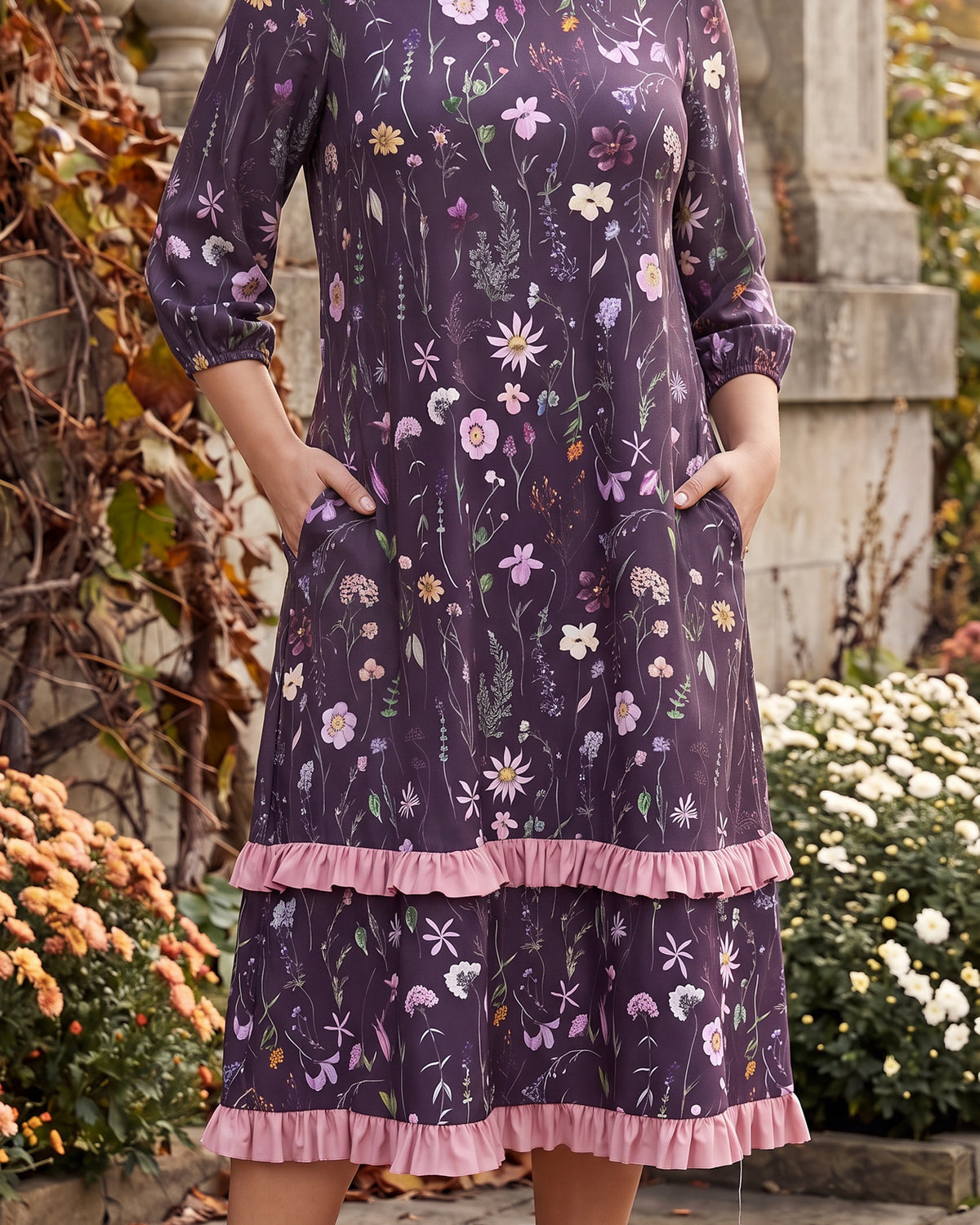 Model wearing Nuggles® Patricia Midi Dress in Twilight Garden