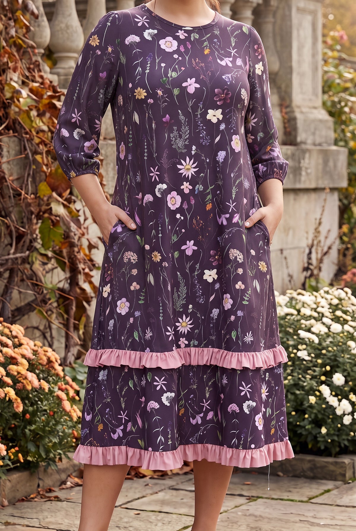 Nuggles® Patricia Dress in Twilight Garden, both hands in the side pockets above the pink ruffle trim