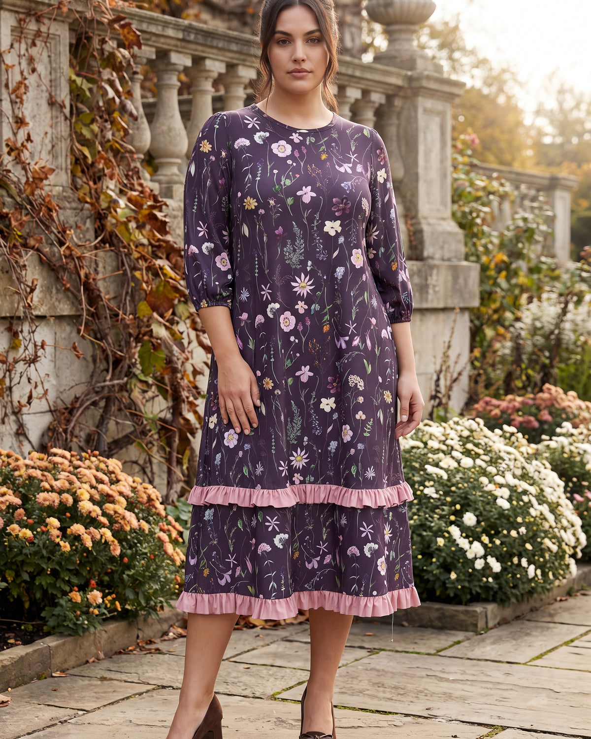 Model wearing Nuggles® Patricia Midi Dress in Twilight Garden