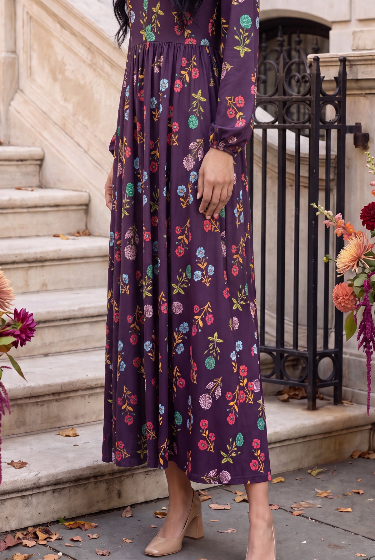Model wearing Nuggles® Addison Dress in Twilight Garden