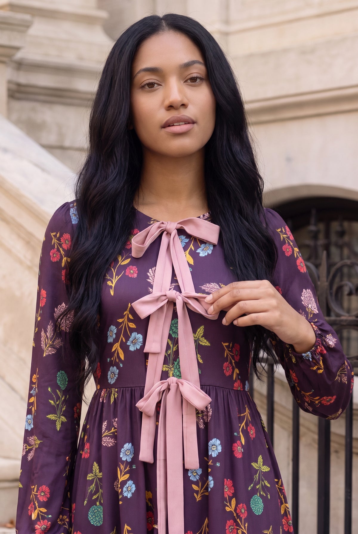 Model wearing Nuggles® Addison Dress in Twilight Garden