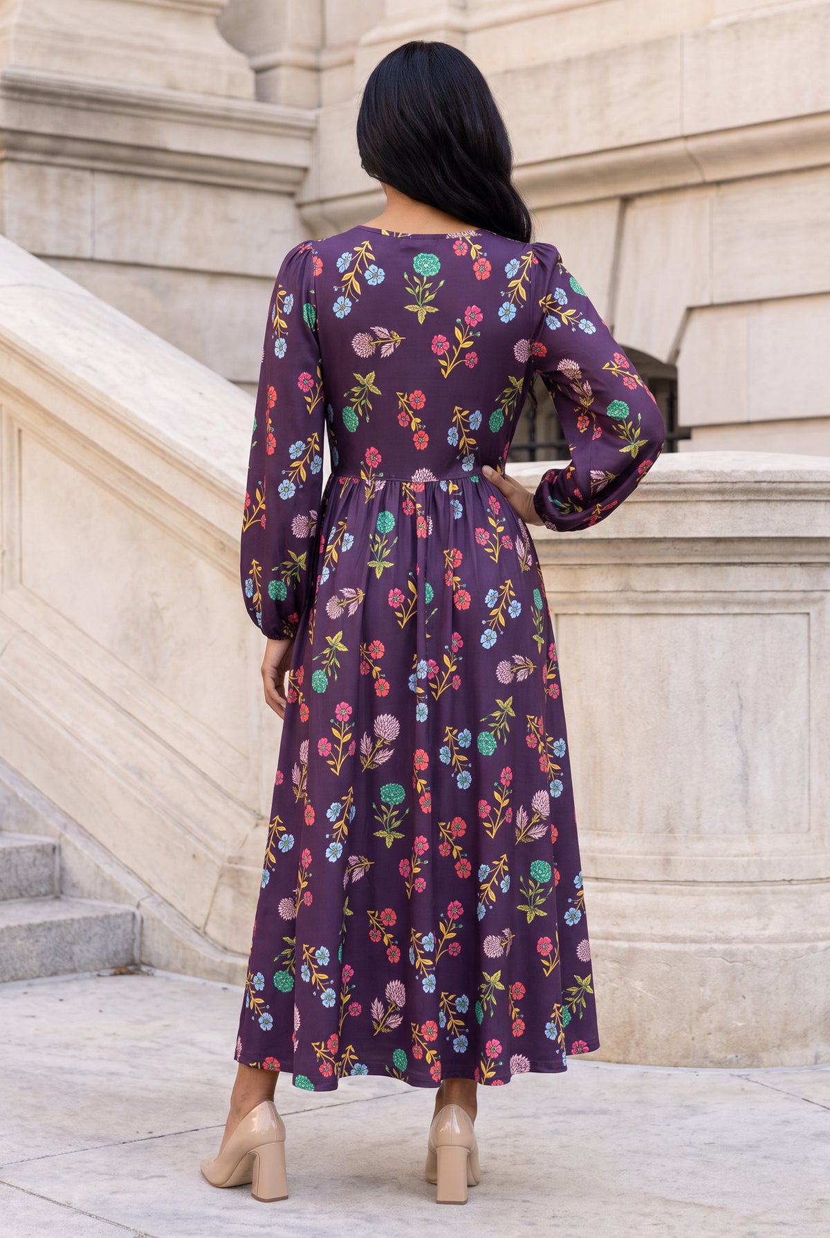 Model wearing Nuggles® Addison Dress in Twilight Garden
