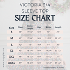 Size chart for the 3/4 Sleeve Victoria Top showing bust, waist, and hip measurements for modest women's clothing. Use to find your perfect fit for Nuggles® tops.