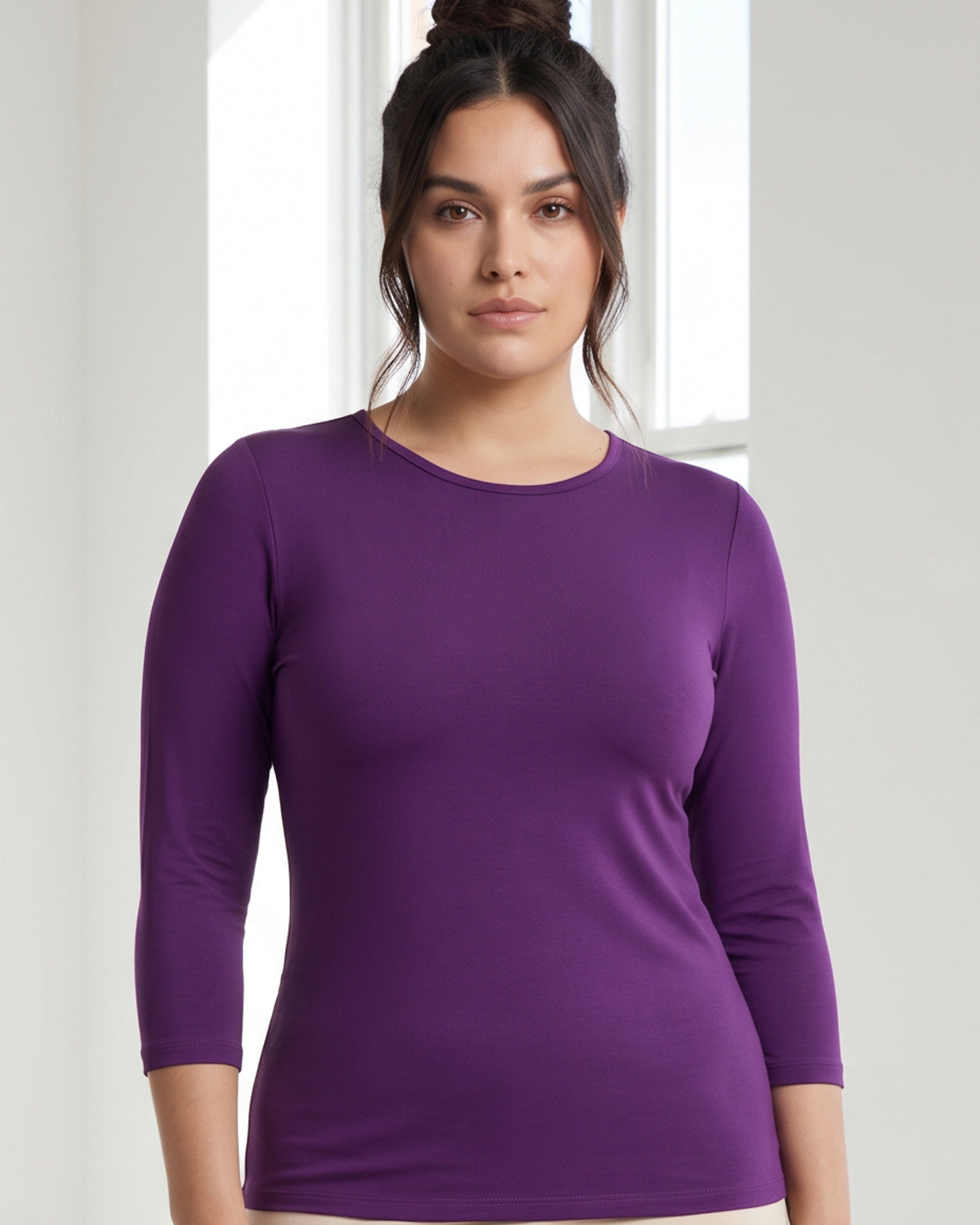 Model wearing Nuggles® 3/4 Essential Tee in Violet