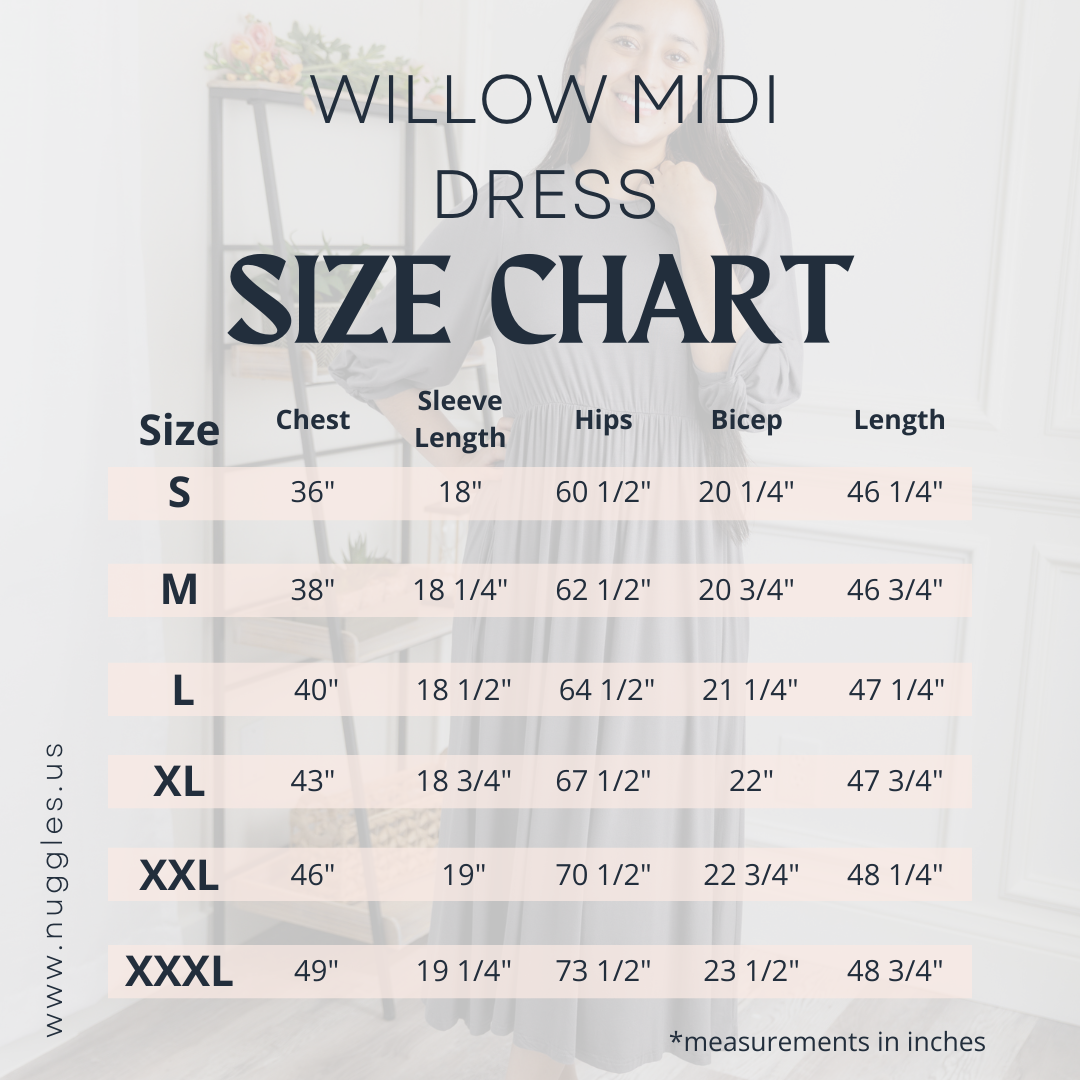 Nuggles® Willow Solid Colors Dress size chart with measurements for bust, waist, length, and sleeve to help choose the perfect modest fit