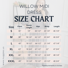 Nuggles® Willow Solid Colors Dress size chart with measurements for bust, waist, length, and sleeve to help choose the perfect modest fit