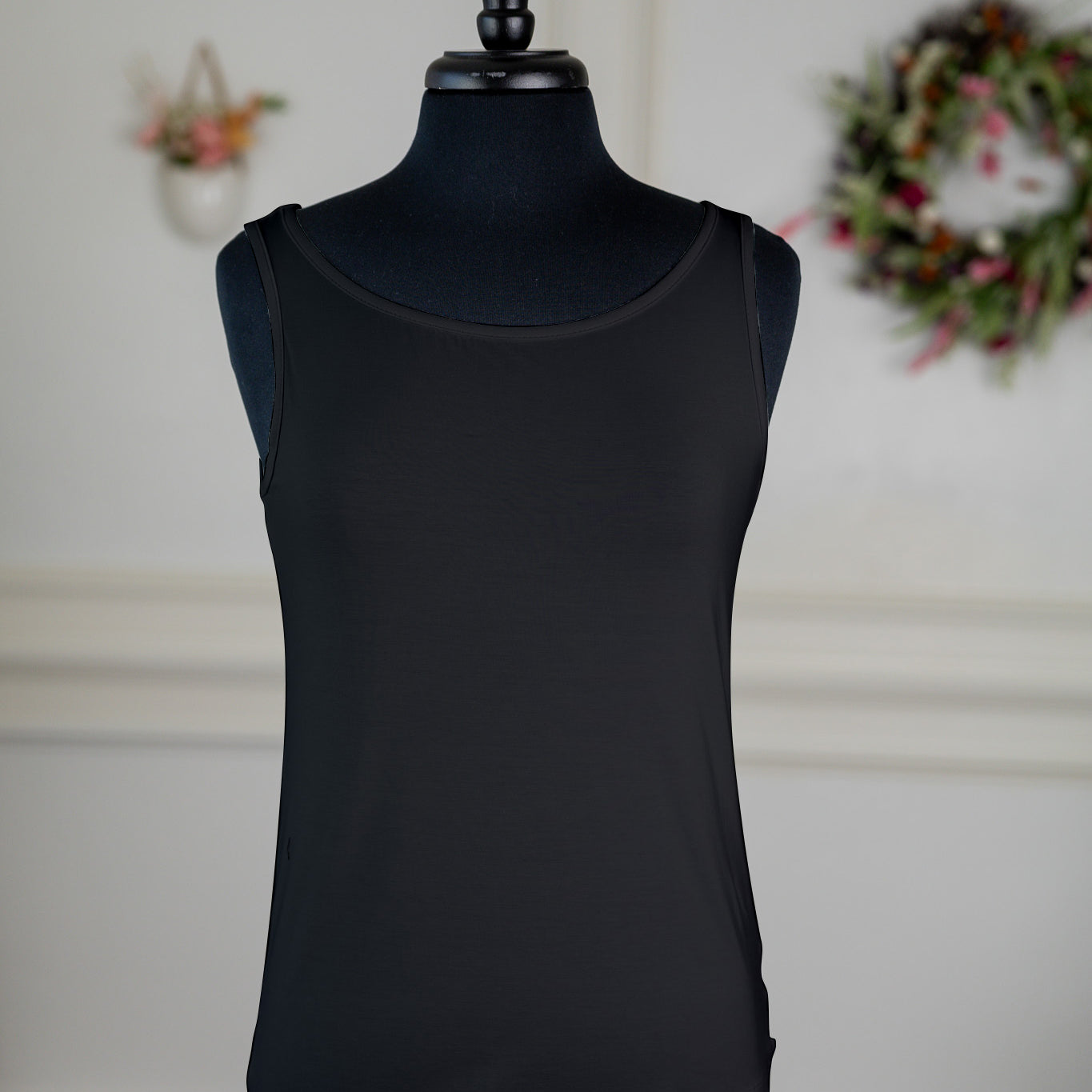 The Nuggles® Essential Tank – a modest, fitted layering tank top with narrow straps and a high neckline, perfect for everyday wear.