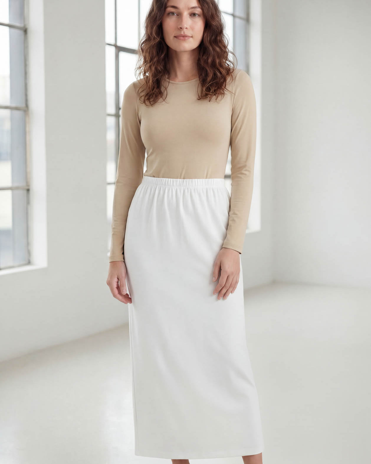 Model wearing Nuggles® 36" Classic Skirt in White