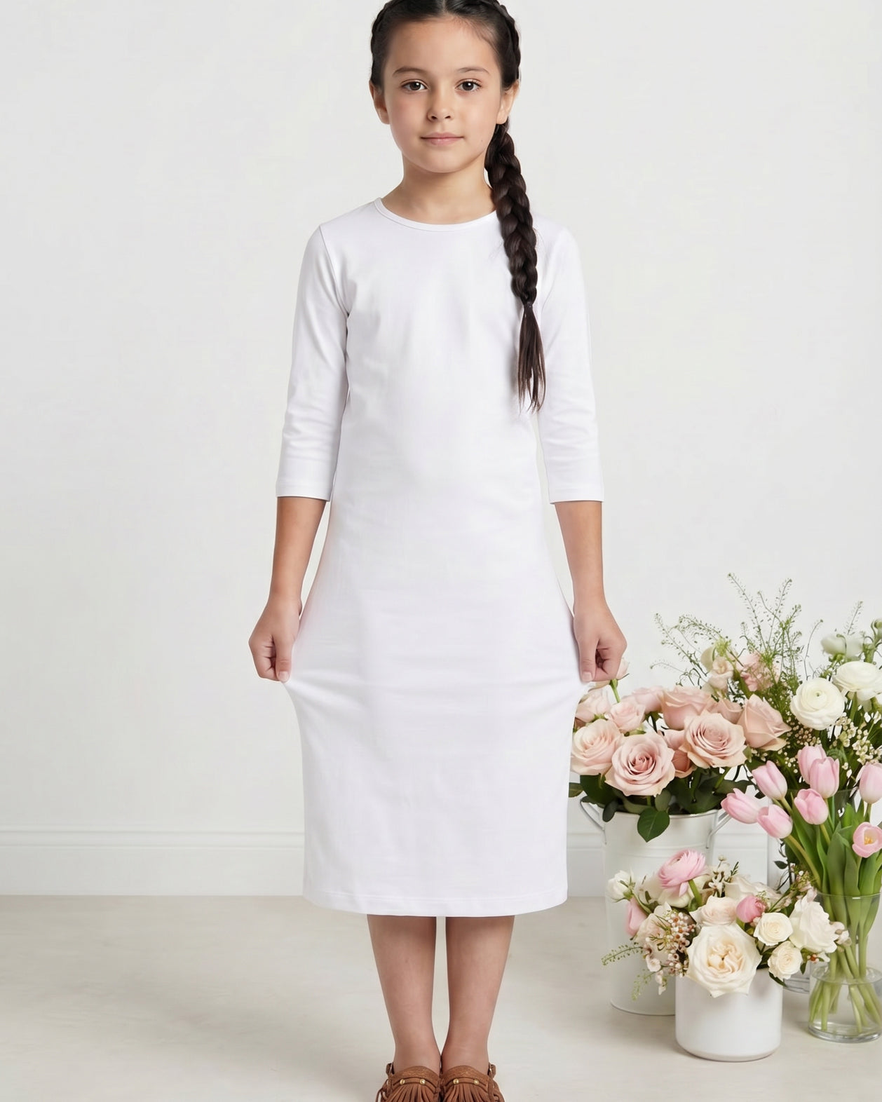 Model wearing Nuggles® Girls Midi Layering Dress in White
