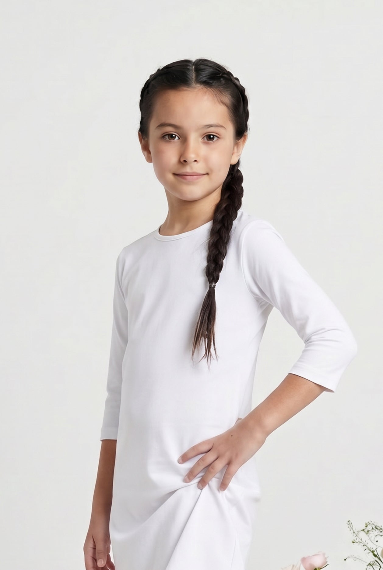 Model wearing Nuggles® Girls Midi Layering Dress in White