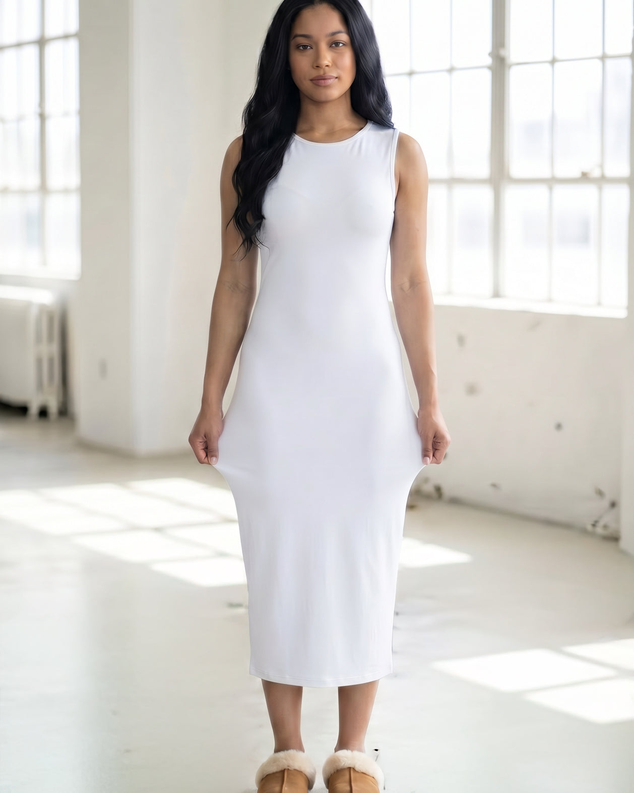Model wearing Nuggles® Tank Midi Dress in White