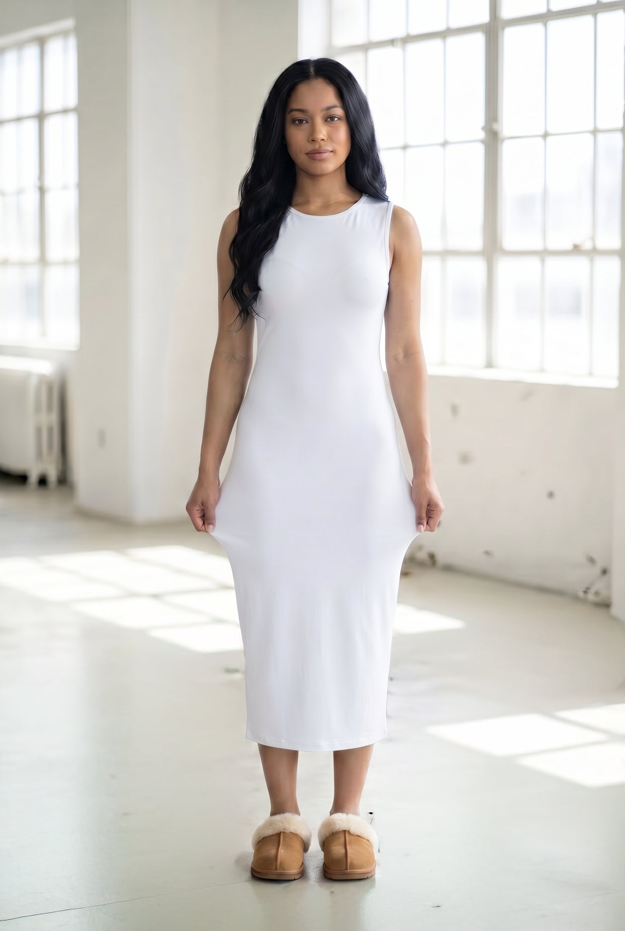 Model wearing Nuggles® Tank Midi Dress in White