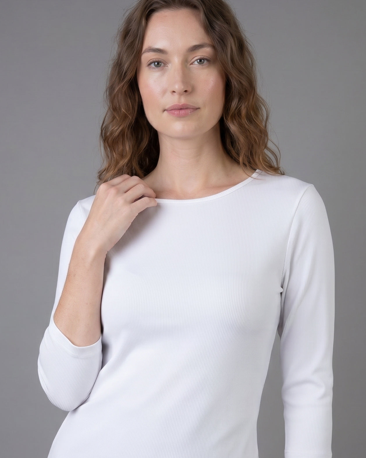 Model wearing Nuggles® 3/4 Essential Ribbed Tee in White