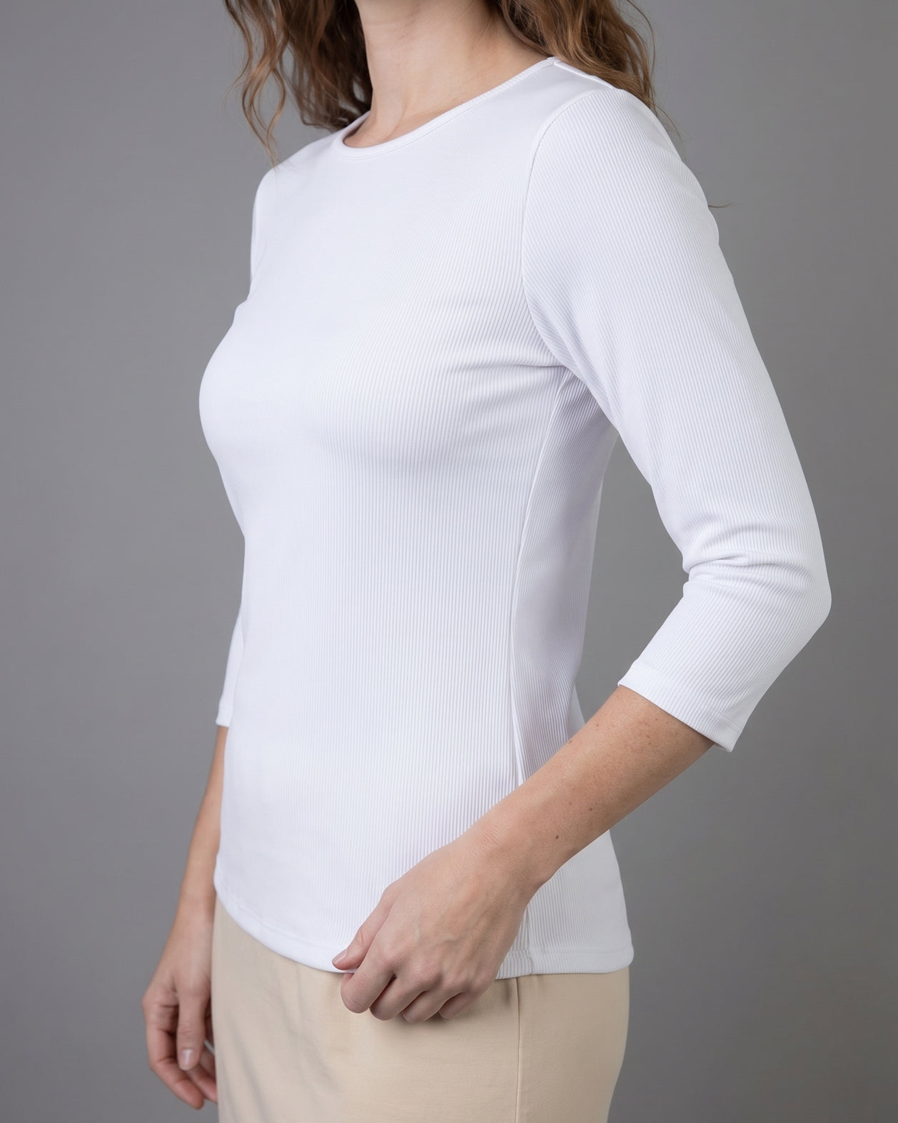 Model wearing Nuggles® 3/4 Essential Ribbed Tee in White