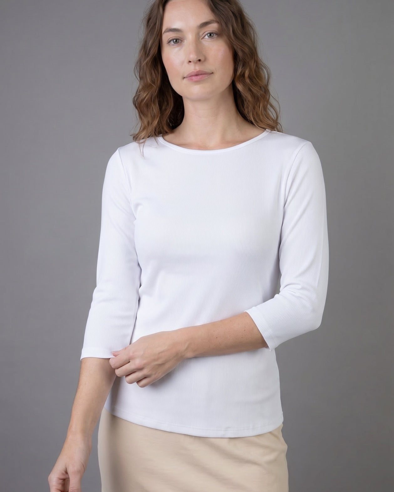 Model wearing Nuggles® 3/4 Essential Ribbed Tee in White