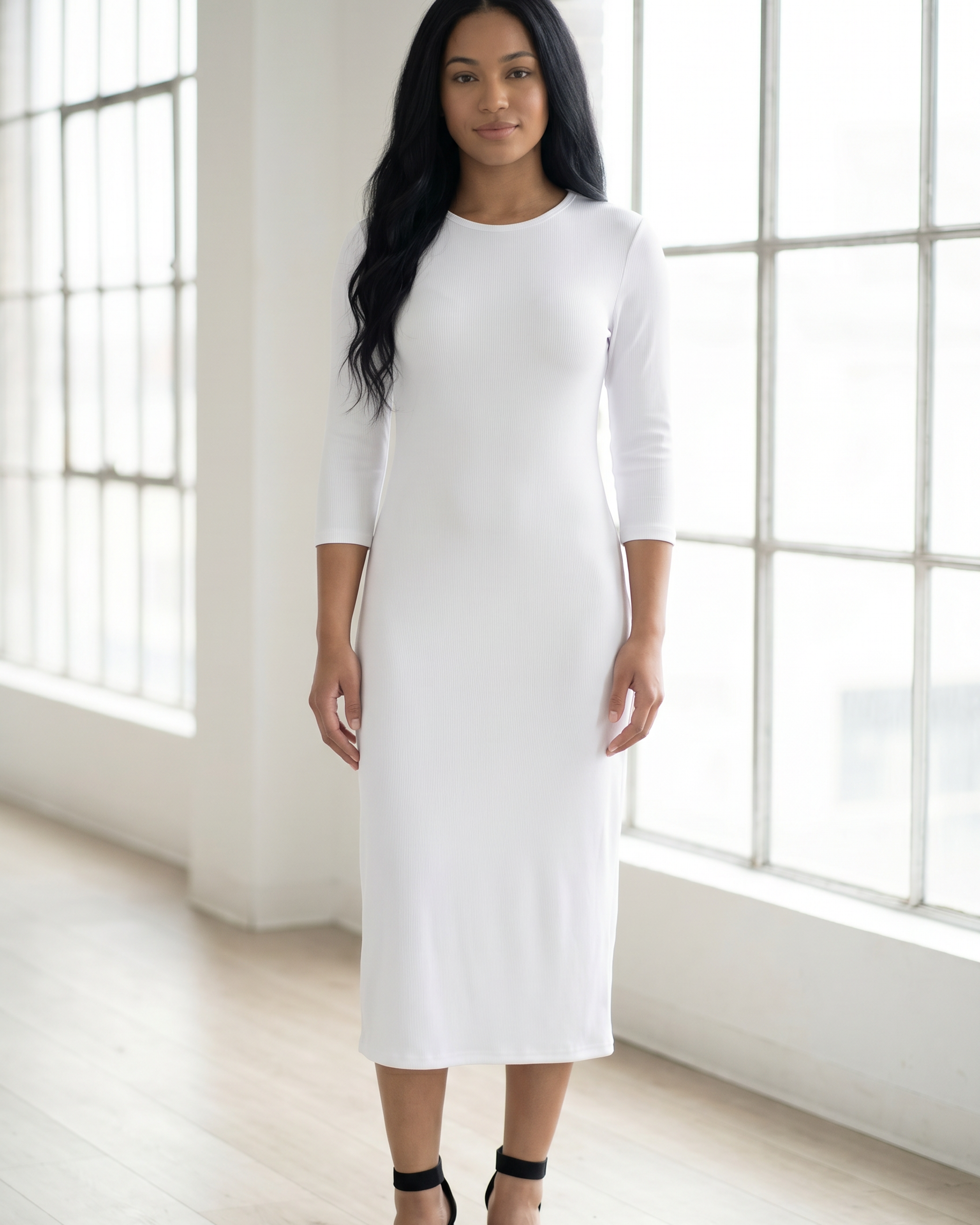 Model wearing Nuggles® Ribbed Layering Dress in White