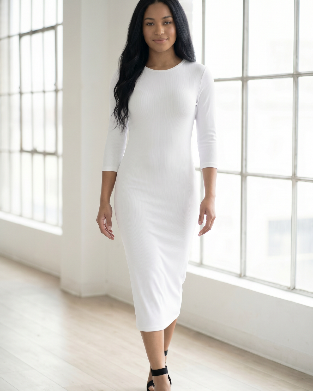 Model wearing Nuggles® Ribbed Layering Dress in White