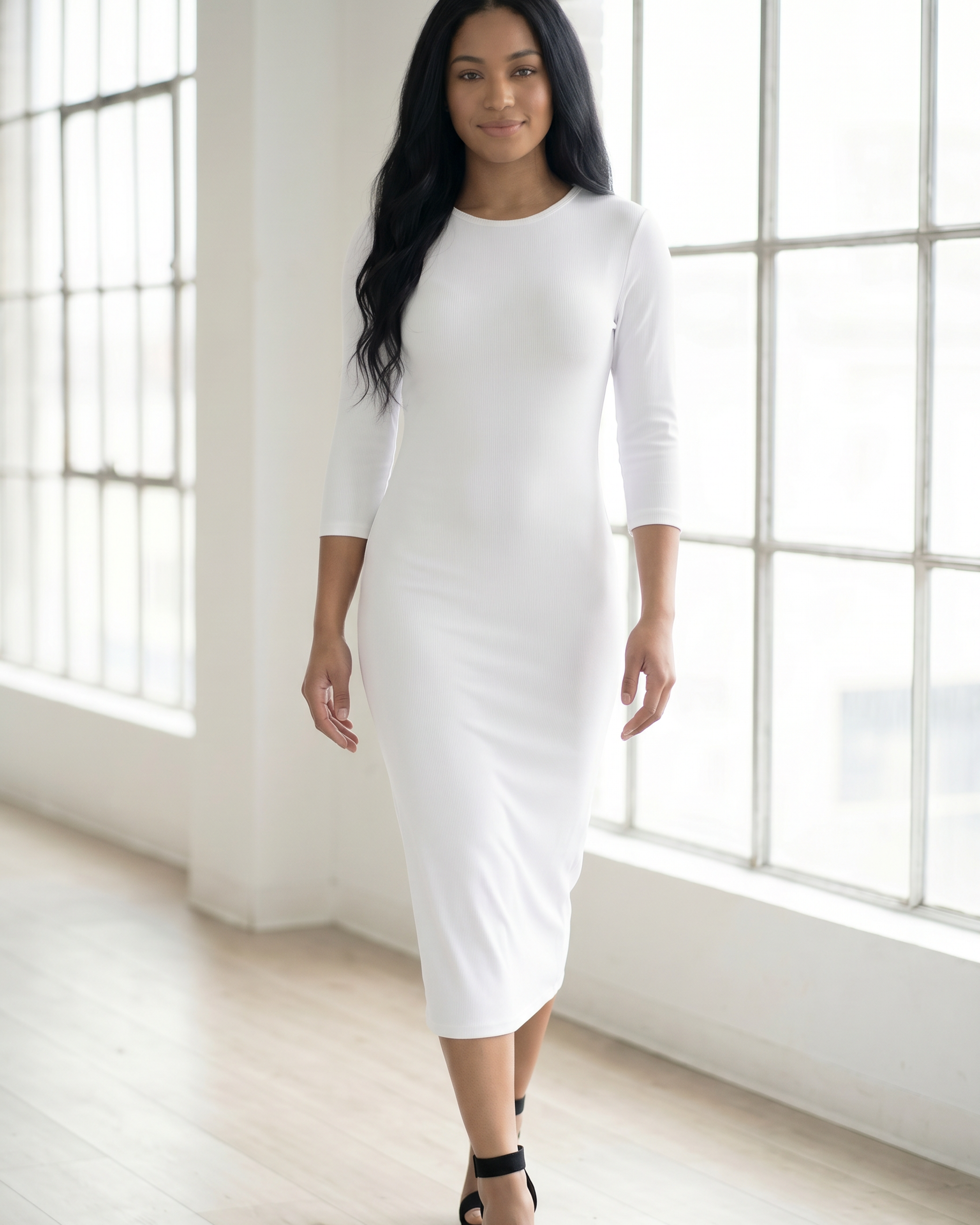 Model wearing Nuggles® Ribbed Layering Dress in White