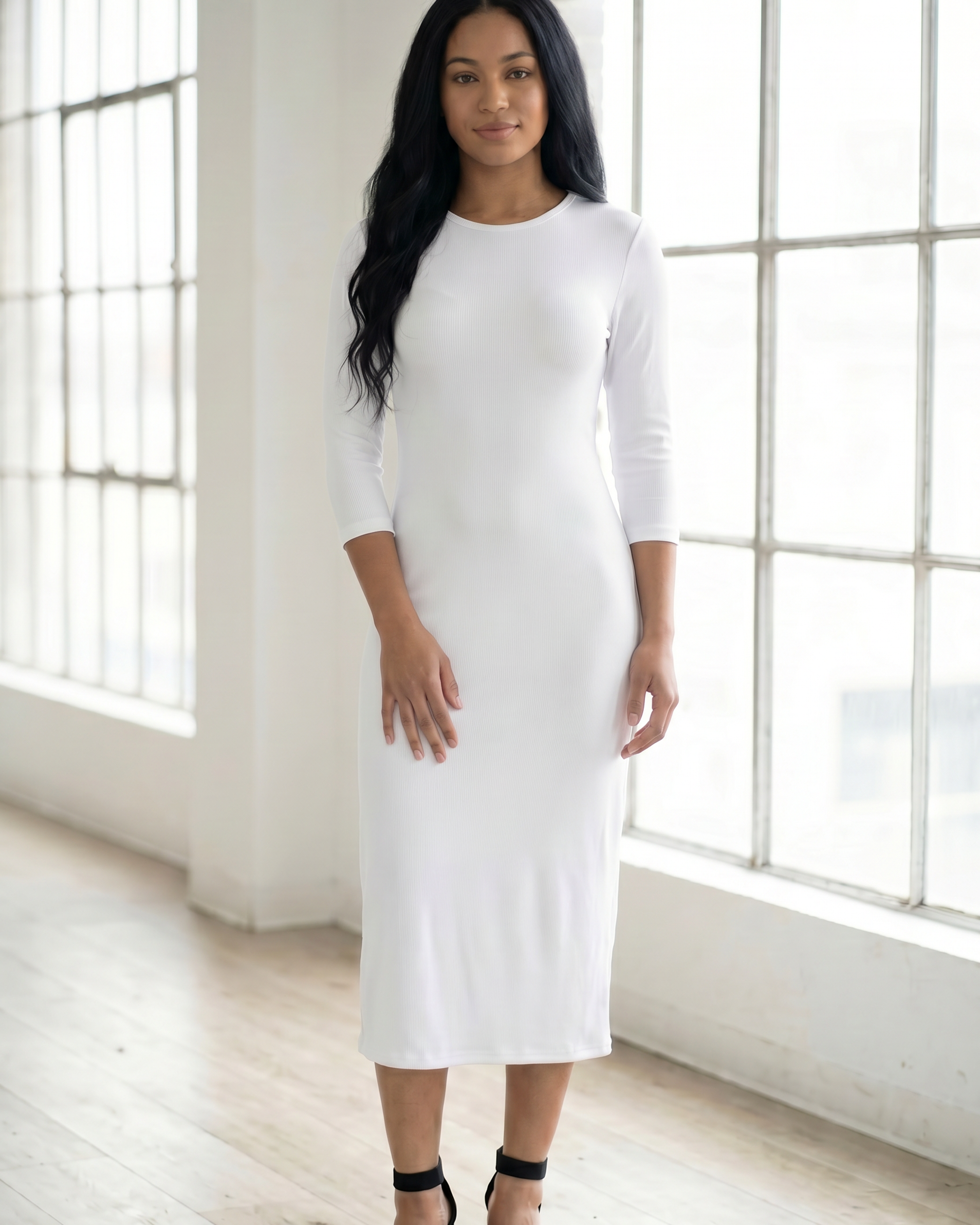 Model wearing Nuggles® Ribbed Layering Dress in White