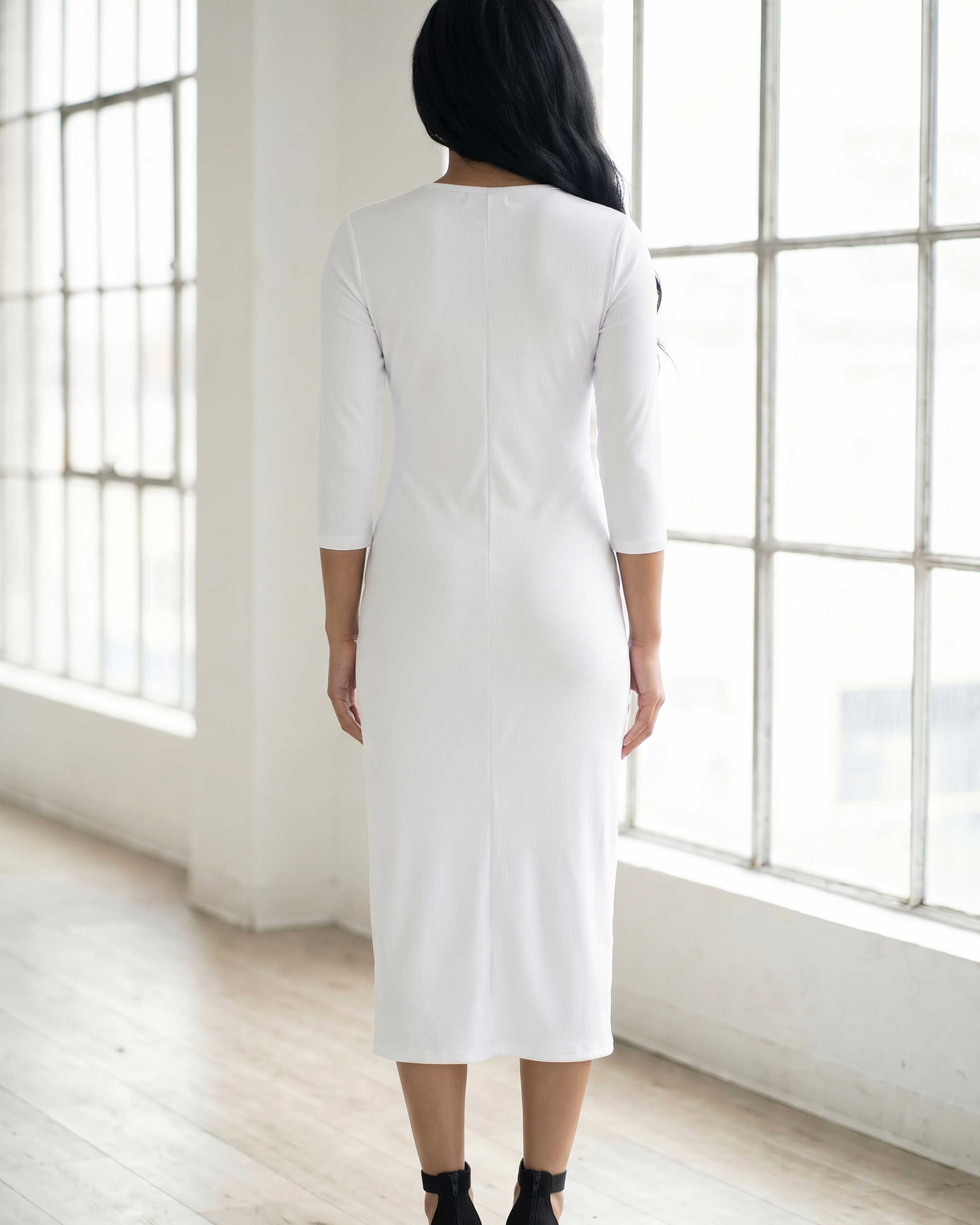 Model wearing Nuggles® Ribbed Layering Dress in White