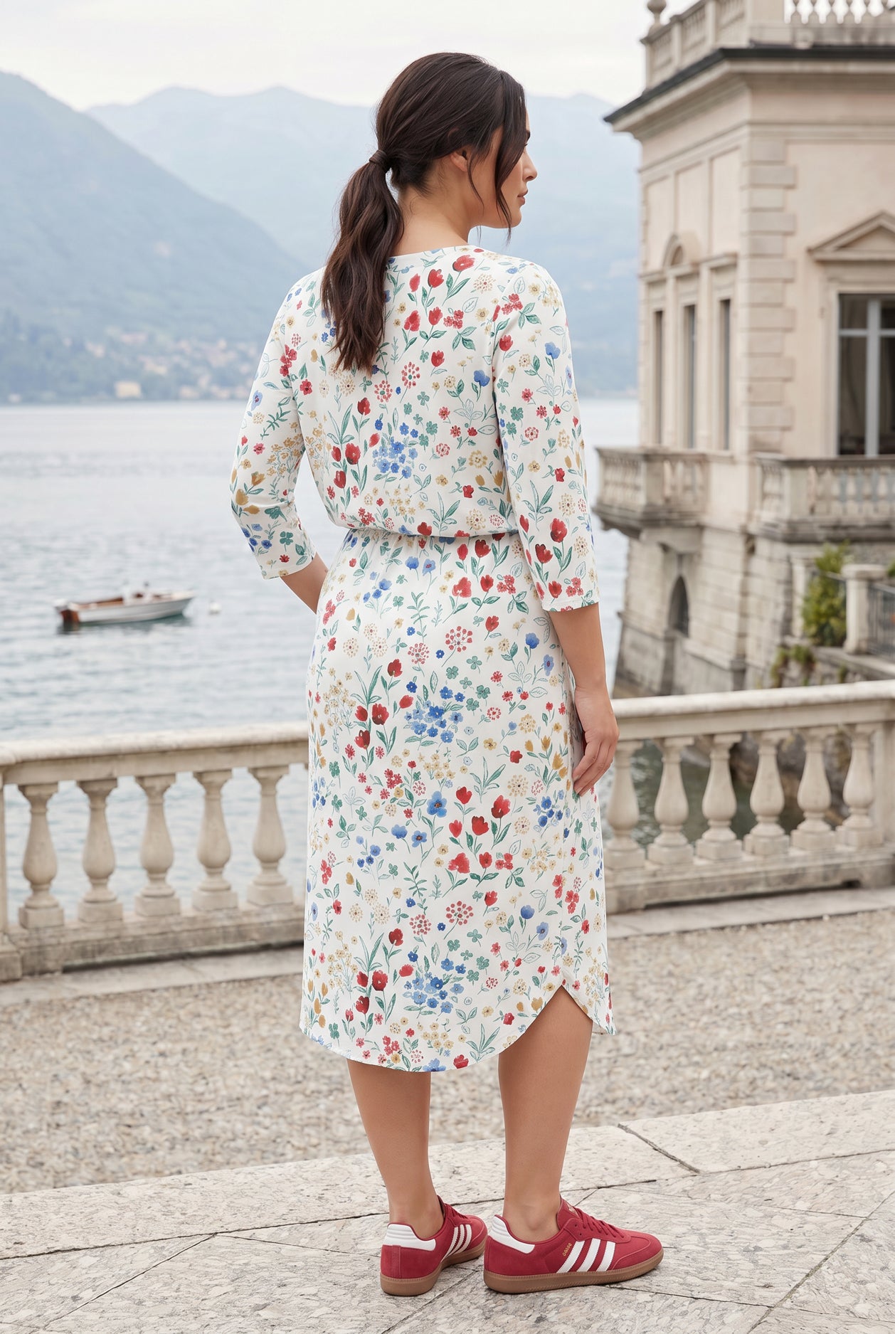 Modest plus-size Harper Jane midi dress in Wildflower Meadow floral on cream by Nuggles