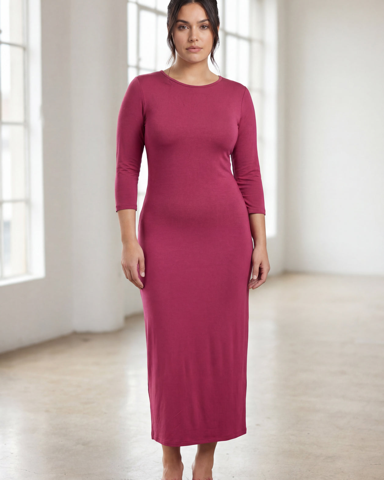 Model wearing Nuggles® Midi Layering Dress in Wine