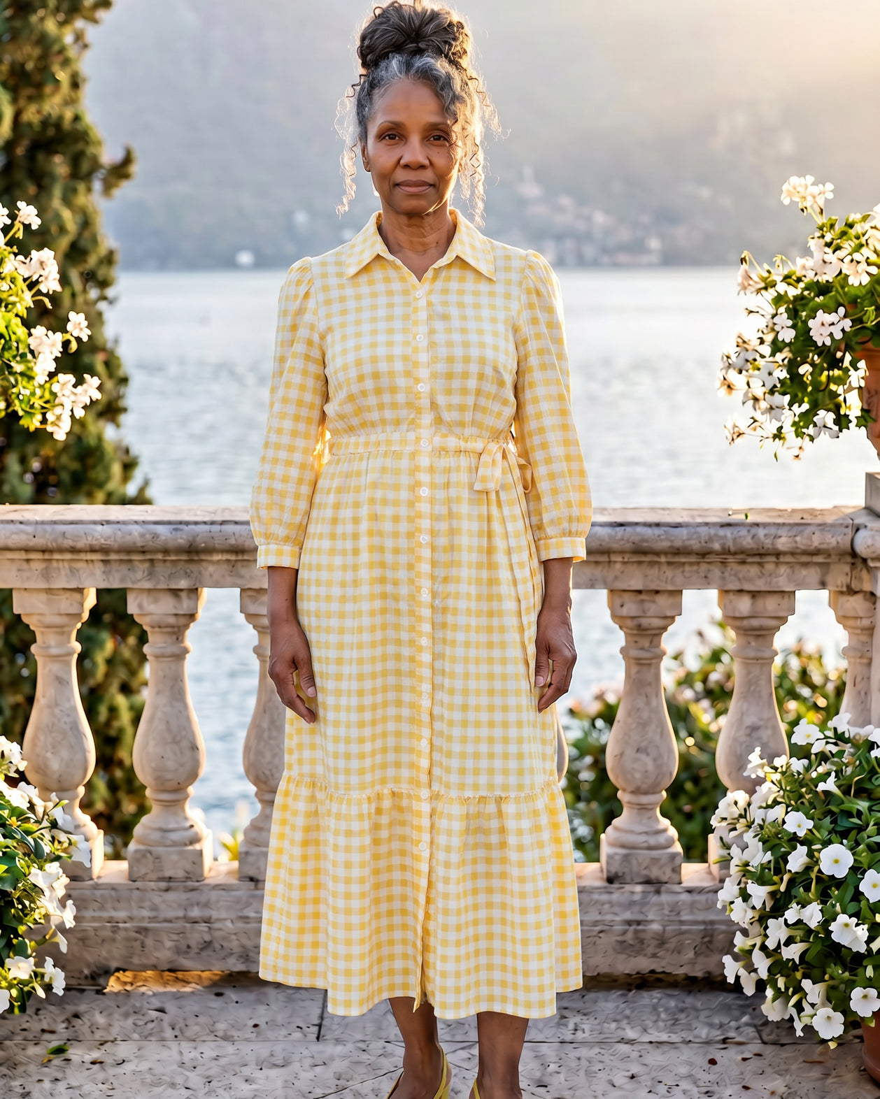 A picture of a women wearing a yellow and white gingham shirt dress with side ties.
