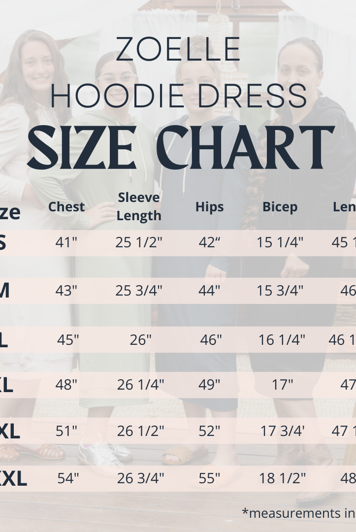 Zoelle Hoodie Dress size guide – Nuggles modest women’s dress sizing.