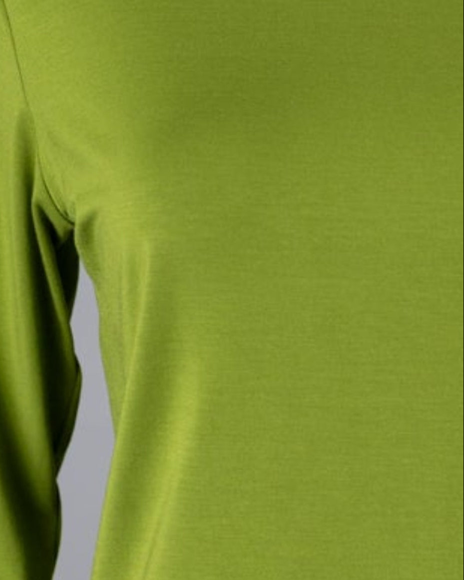 Model wearing Nuggles® 3/4 Essential Tee in Avacado
