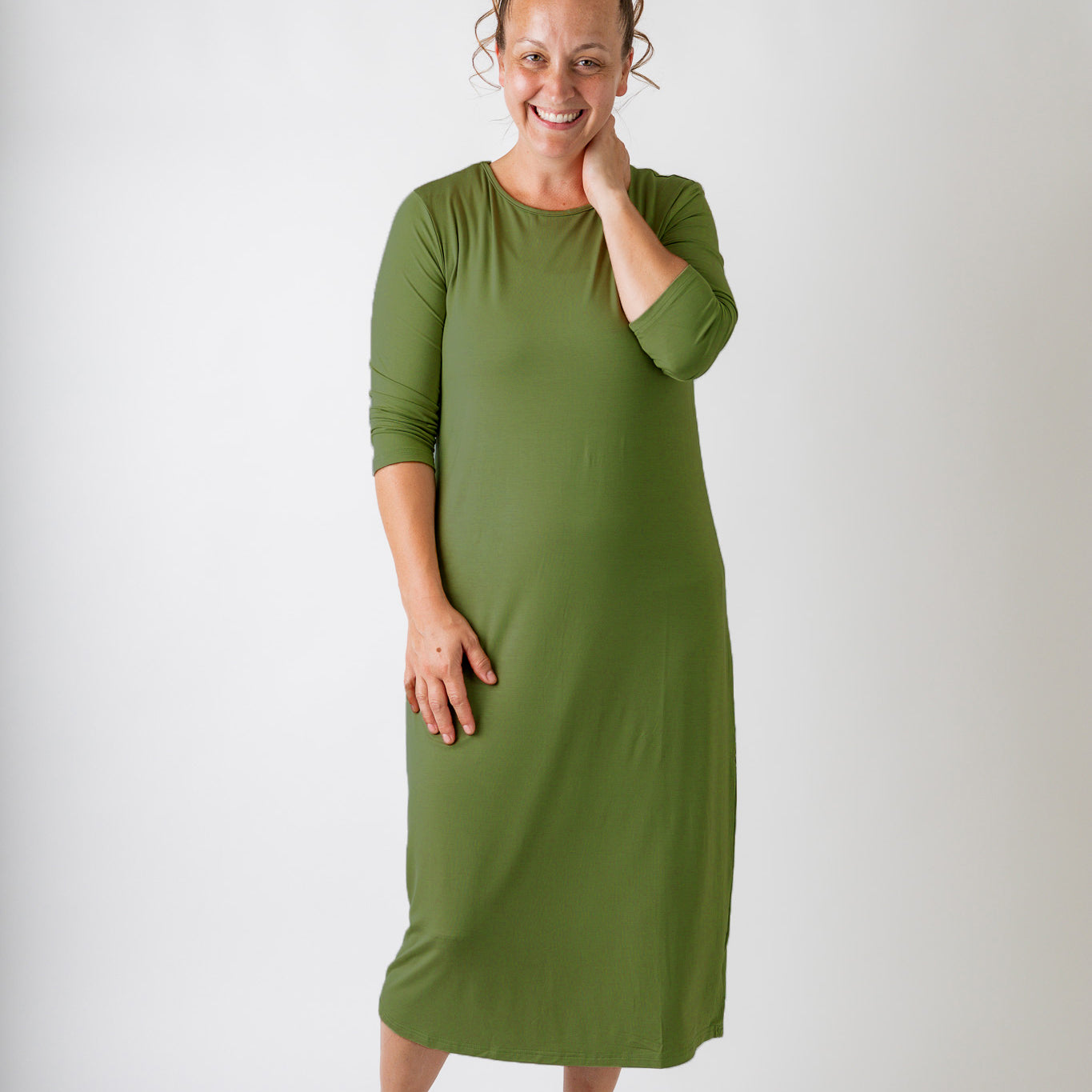 Model wearing Nuggles® Original Style Midi Layering Dress in soft cotton knit