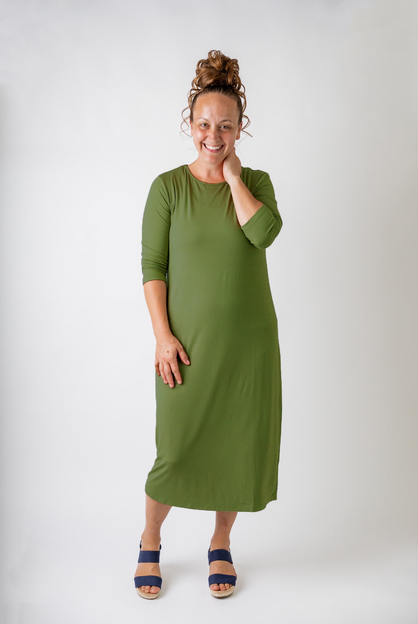 Model wearing  Nuggles® Original Style Midi Layering Dress in soft cotton knit
