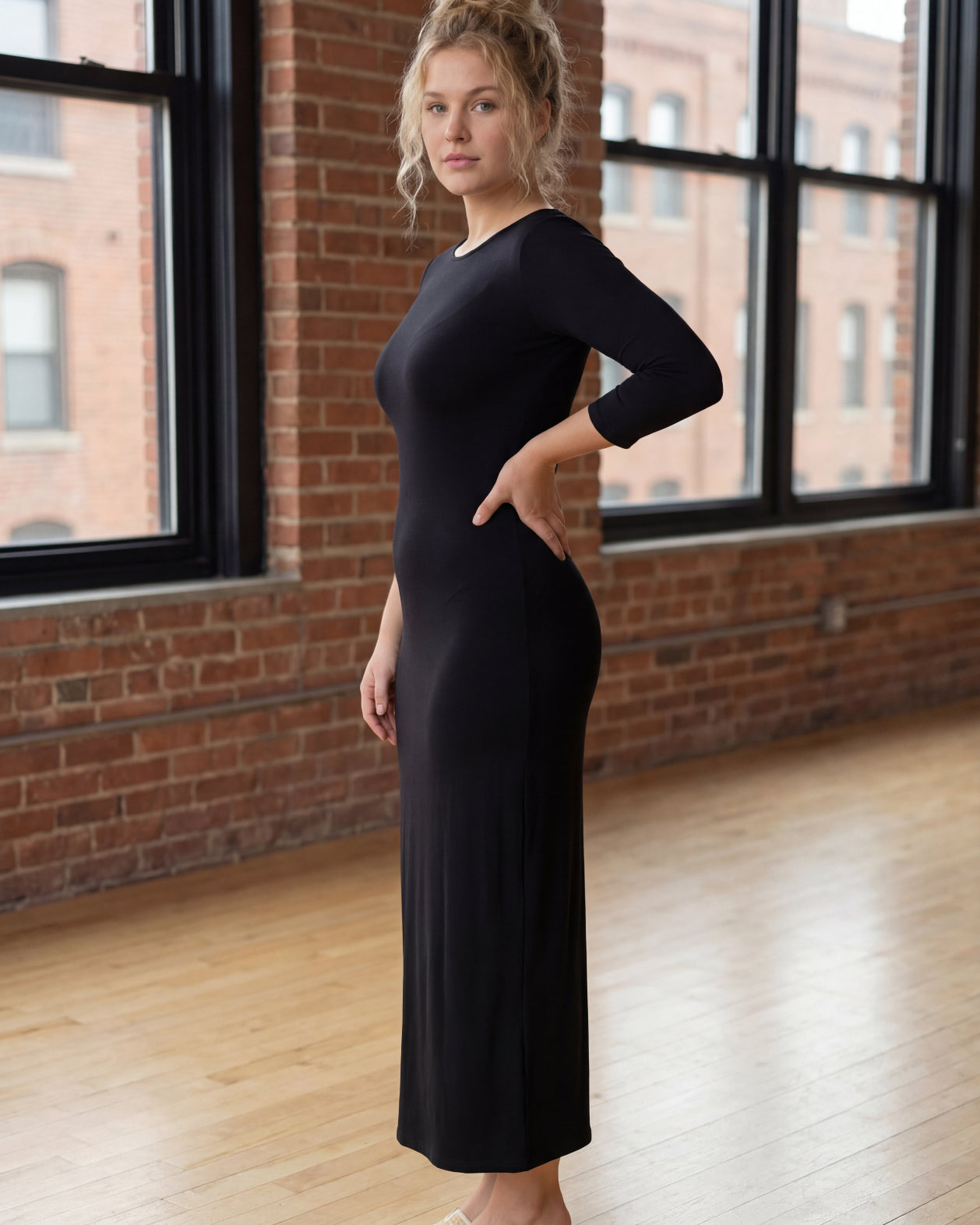 Model wearing Nuggles® Tea Layering Dress in Black
