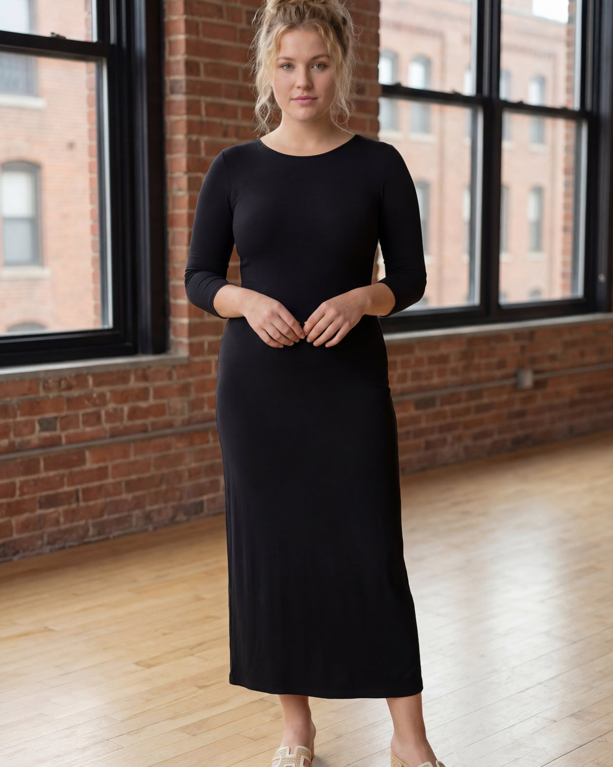 Model wearing Nuggles® Tea Layering Dress in Black