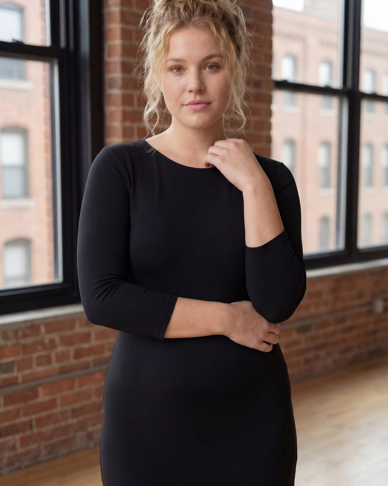 Model wearing Nuggles® Tea Layering Dress in Black