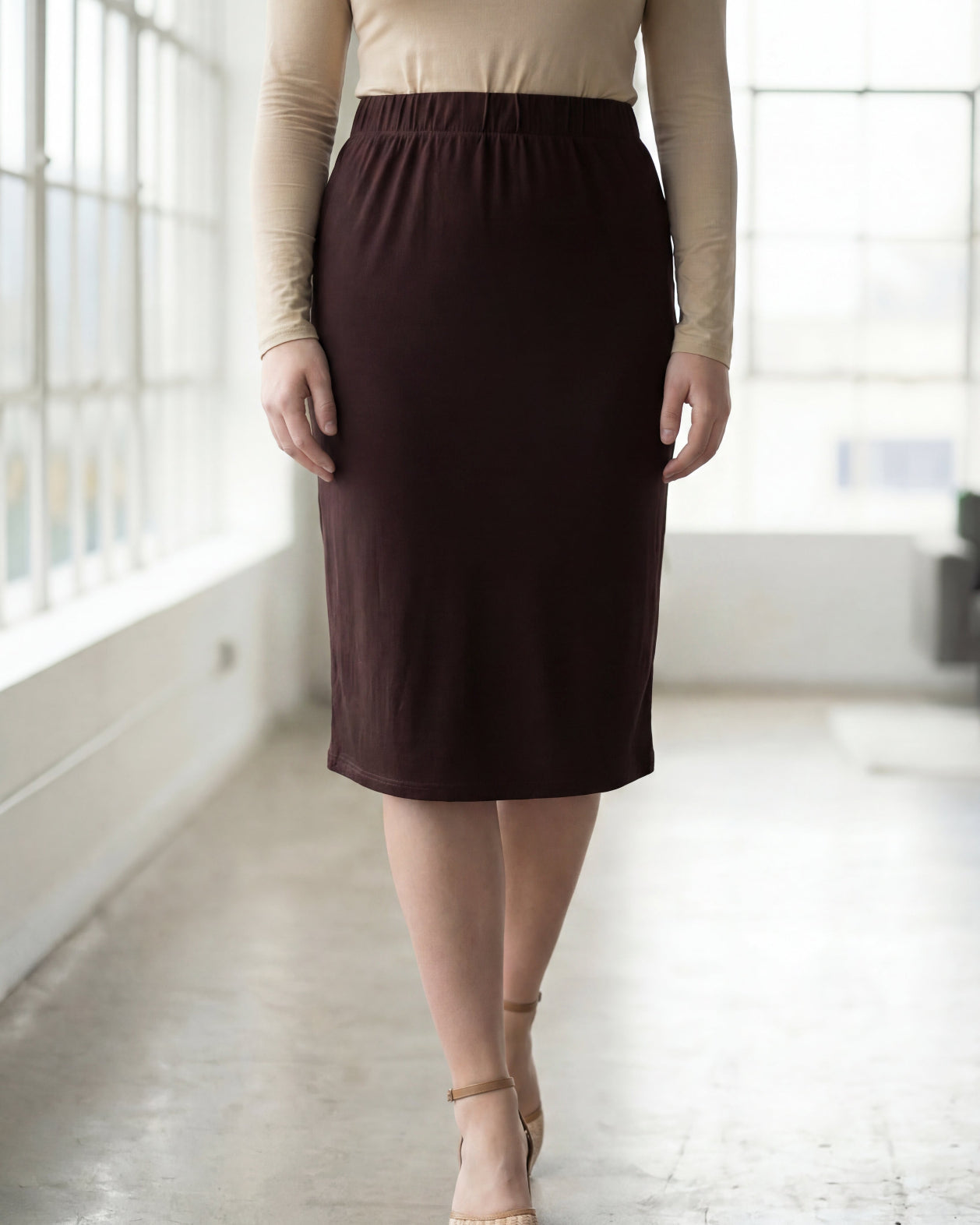 27" Lightweight Lined Pencil Skirt in Brown nuggles-clothing