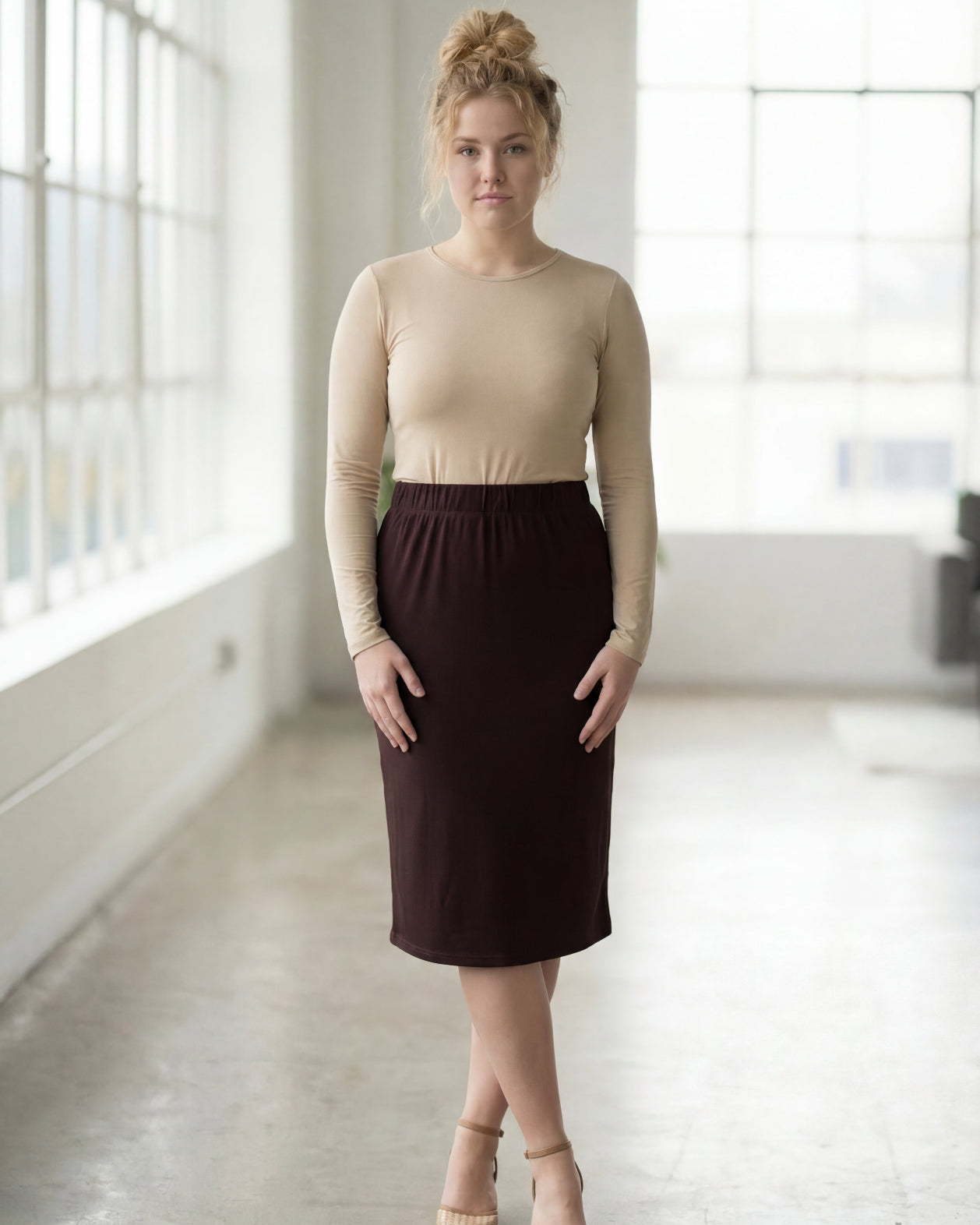 27" Lightweight Lined Pencil Skirt in Brown nuggles-clothing