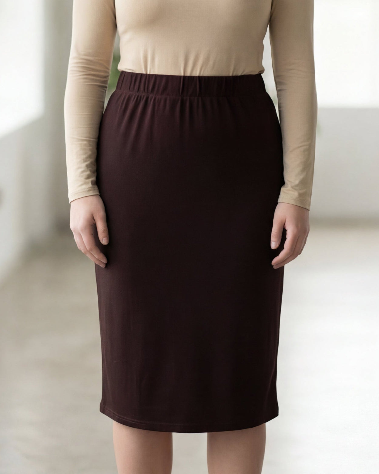 27" Lightweight Lined Pencil Skirt in Brown nuggles-clothing