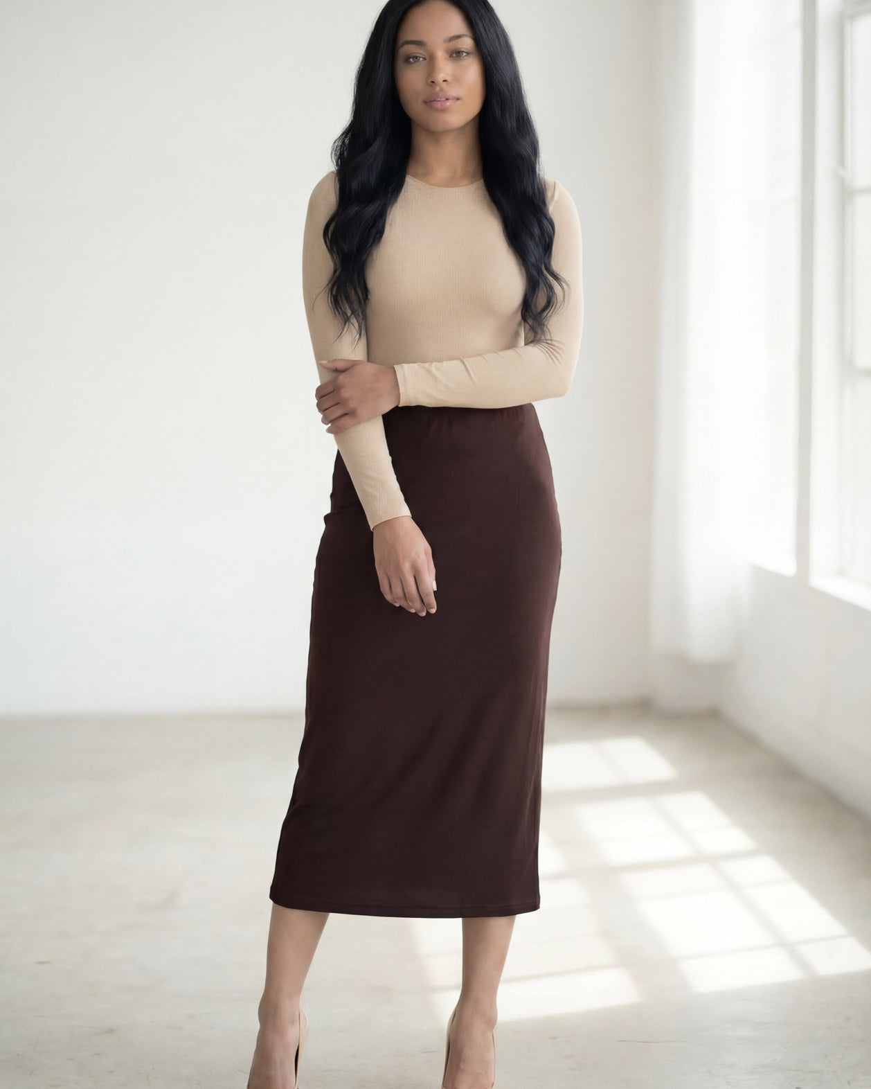31" Lightweight Lined Pencil Skirt in Brown nuggles-clothing